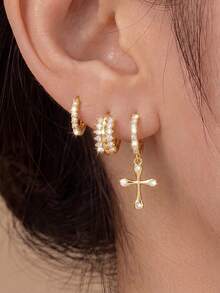 6pcs/Set Vintage Full Rhinestone Plain Band Cross Pendant Earring Set, Suitable For Women's Daily Commute And Prayer Wear - Earring Set - View 3