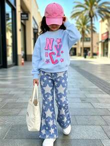 Girl's Cartoon Letter Print Crew Neck Sweatshirt & Slim Fit Star Print Flare Jeans, 2pcs Set For Autumn/Winter - Baby Blue - View 1