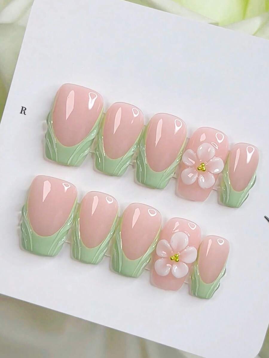 10pcs Green French Square Y2K Hot Girl Style Minimalist Versatile 3D Floral Handmade Press-On Nails Cute Girl Nail Art Supplies - Green - View 1