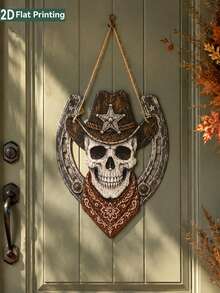 1pc Western Skull Horseshoe Front Door Hanging Decor, Halloween Decoration, Vintage Skull Star Pattern Headscarf Wall Plaque, Rustic Farmhouse Porch Decor, Autumn Indoor/Outdoor Entryway Holiday Wall Art, Spooky Season Party Home Decoration, Fall Decor - Multicolor - View 3