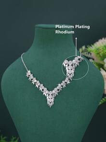 5pcs Elegant Exquisite Series Geometric Design Bridal Wedding Set, Handmade Inlaid White Cubic Zirconia, Includes Necklace, Bracelet, Earrings, Ring, Suitable For Daily Wear And Wedding, Wedding Anniversary Gift - Geometric Design - View 5