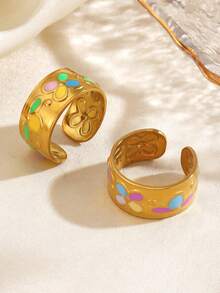 1/2pcs Stainless Steel Minimalist Fashion Colorful Oil Drop Butterfly Ring, Suitable For Women's Daily Wear And Shopping - Multicolor - View 2