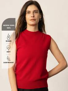 Chaleco de mujer 100% lana merino pura, top de punto sin mangas con cuello alto, top de capa base de lana, prenda exterior básica de invierno para mujer, suéter de punto para primavera y otoño, suéter de punto de invierno, suéter de punto elegante para mujer, suéter de lana de invierno - Rojo - Ver 3