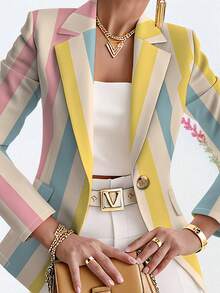 Women's Fashion Long Sleeve Polyester Striped Blazer, Regular Length, Non-Stretch, Suitable For Autumn Wear - Yellow and Pink - View 7