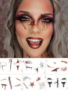 6 Sheets Waterproof Halloween Scary Temporary Face Tattoos Zombie Fake Wound Scar Spider Web Clown Horror Tattoo Makeup Stickers For Cosplay Festival Prank Party Accessories - Multicolor - View 11