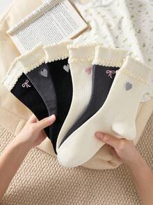 3 Pairs Women's Mid-Calf Socks With Bow And Heart Patterns, Vintage Style Ruffled Socks Suitable For All Seasons, Essential For Autumn, Winter - Multicolor - View 2