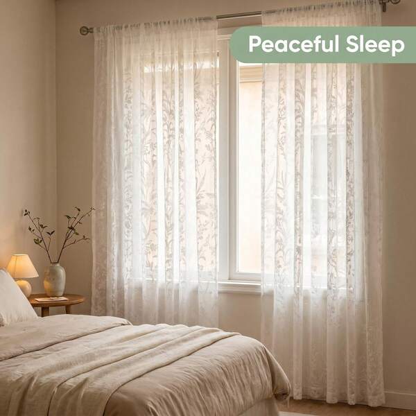Beige Sheer Curtains Hollow Leaf Pattern 8cm Rod Pocket Semi-Sheer Curtains Living Room Bohemian Style Bedroom Balcony Curtains Pastoral Home Decor