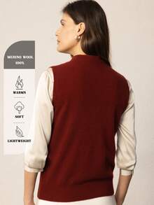 Chaleco de mujer 100% lana merino pura, top de punto sin mangas con cuello alto, capa base de lana, top básico, prenda de abrigo para invierno, jersey para primavera/otoño, jersey de invierno, jersey de punto elegante para mujer, jersey de lana de invierno - Rojo cinabrio - Ver 2