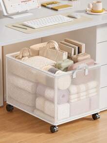 1 pieza Carrito de almacenamiento plegable de gran capacidad con ruedas, carrito de aperitivos de PVC impermeable, adecuado para libros, documentos, ropa y aperitivos, se puede colocar debajo del escritorio, al lado de la cama, en el dormitorio y en la residencia estudiantil, perfecto para Navidad, Acción de Gracias, Halloween, regreso a la escuela y organización del hogar - Blanco - Ver 4