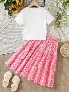 2pcs/Set Girls Casual Sweet Cool Outfit Cartoon Print White T-Shirt + Floral Cake Skirt Fashion Two Pieces Set Suitable For Summer - Pink - View 2