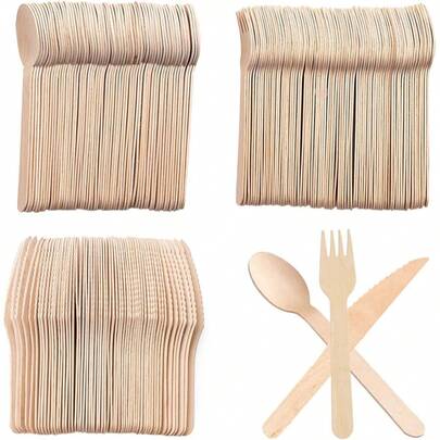 300pcs Wooden Tableware Suitable For Parties, Camping, Weddings, Barbecues And Birthday Gatherings