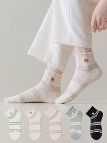 ZUJO 5 Pairs Women's Short Socks, Striped & Cartoon Animal Pattern, Suitable For Daily Wear, Simple & Comfortable, Random Color - Multicolor - View 2