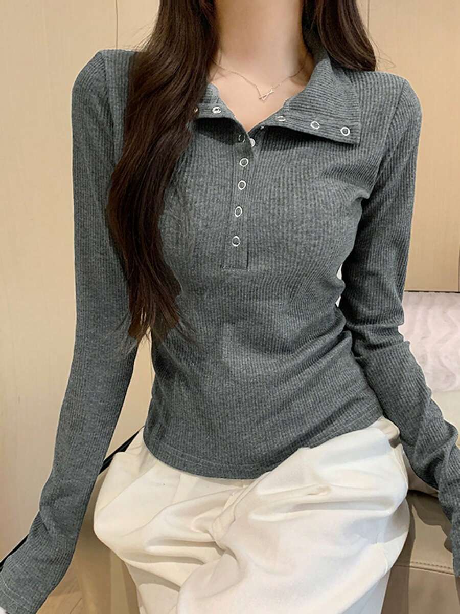 Korean Style Design Fitted Long Sleeve T-Shirt For Women, Inner Layer And Outer Wear Top, Base Layer Casual - Grey - View 1