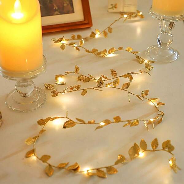 1pc Gold Leaf String Lights 20/50LED Fairy Lights, Battery Operated (Batteries Not Included) Artificial Plant Vine Lights, Elegant Home Decor, Suitable For Christmas, Thanksgiving, Wedding, Artificial Plant Table Decoration
