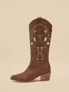 Vintage Hollow Out Denim Boots Women 2026 Spring Autumn New Fashion Versatile Knee-High Slimming High Heel Tall Boots - Brown - View 3