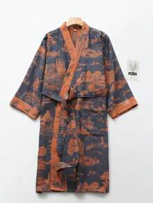 Men's Long Sleeve Robe, Soft Cotton Jacquard Fabric, Wide Waistband, Chinese Style Lightweight Sleepwear For Spring & Summer - Dusty Purple - View 11