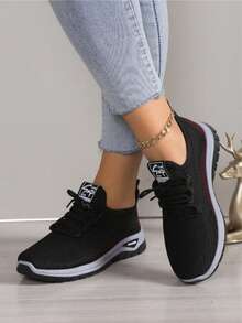 2025 Autumn Women'S Mesh Breathable Running Shoes, Soft Comfortable Flying Woven Shoes, Casual Versatile Outdoor Sneakers Mama Shoes, Shoes For Women - 黑色 - 查看 2