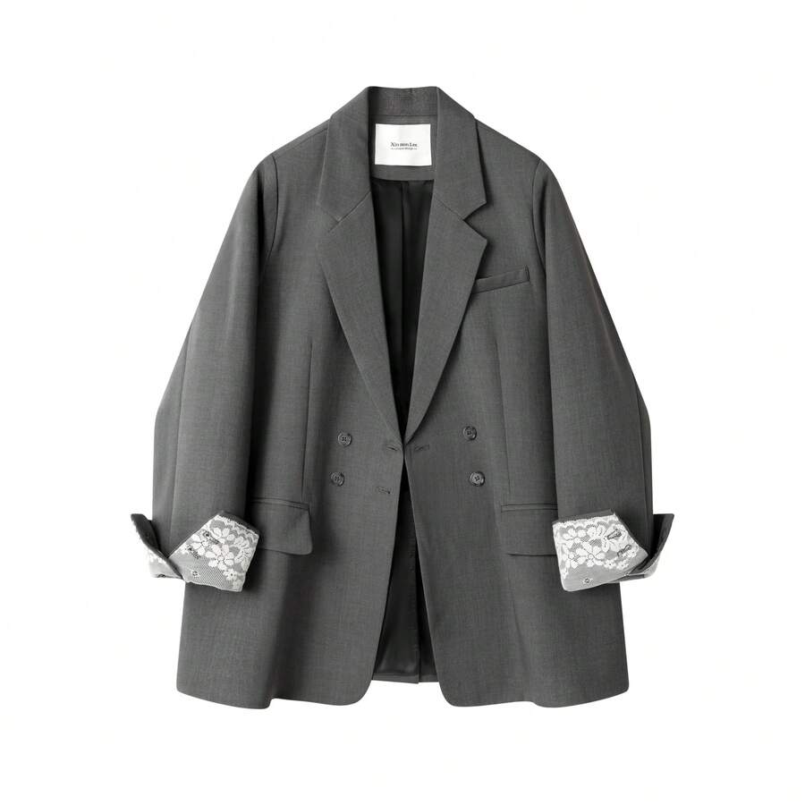韓式雙排扣西裝外套，蕾絲拼接長袖，適合辦公、日常、機場穿搭，春秋款 - 灰色 - 查看 1