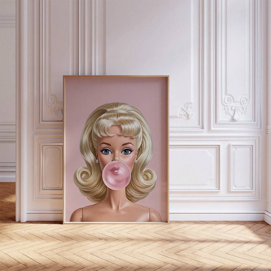 1pc Frameless Bubblegum Girl Pink Aesthetic Preppy Wall Art Print, Cute Poster For Bedroom Dorm Decor, Back To School, Funky Posters, Room Decor Gift - Cartoon - View 1