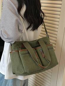 Tas jinjing serbaguna berkapasitas besar dengan banyak kantong dan motif pita, cocok untuk bepergian, berbelanja, berlibur, dapat memuat laptop, buku pelajaran, dan pakaian. - Hijau - View 4