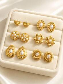 Women's Gold Pearl Earring Set, 6 Pairs Stainless Steel Hypoallergenic Studs, Vintage Floral Radiating Water Drop Jewelry Gift - Gold - View 11
