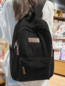 1件極簡大容量女款背包，純色，適合旅行、購物、攜帶筆電、教科書、衣物，休閒風格 - 黑色 - 查看 3