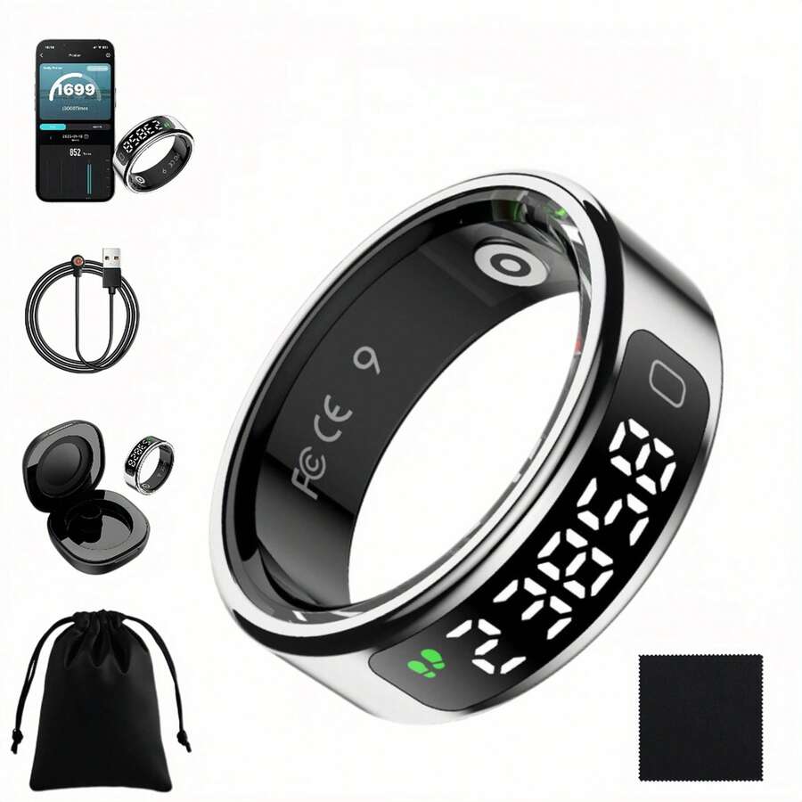 Smart Ring Health Tracker For Women Men, Birthday Winter Couple Gift, LED Display Screen Fitness Ring With Fast Charging, Heart Rate, Blood Oxygen, Blood Pressure, Sleep Monitor, Female Cycle Motion Tracker,IP68 Waterproof,Daily Wear,Indoor Workout - 銀色 - 查看 1