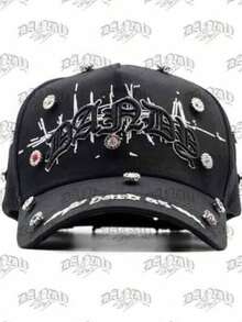 Gorra Negra Lavada con Visera Curva y Detalles Metálicos, Estilo Streetwear Americano Vintage Punk Hip Hop, Gorra de Béisbol Tipo Dad Hat Unisex Ajustable - negro - Ver 1