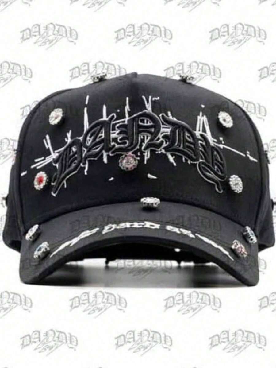 Gorra Negra Lavada con Visera Curva y Detalles Metálicos, Estilo Streetwear Americano Vintage Punk Hip Hop, Gorra de Béisbol Tipo Dad Hat Unisex Ajustable - negro - Ver 1