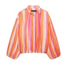 Jaket Aviator Bergaris Gaya Eropa & Amerika Terbaru untuk Wanita dari Camellia Spring - Garis-garis oranye - View 7