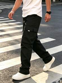 Men's Black Multi-Pocket Versatile Straight Leg Loose Fit Outdoor Cargo Pants Sports - Black - View 3
