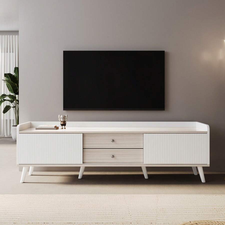 TV Stand With Two Drawers, TV Table, Low TV Board With Two Sliding Doors. Black And Natural Wood - 白色 - 查看 1