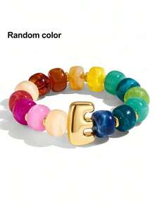 1pc Women's Rainbow Letter Beaded Bracelet, Colorful Resin Large Bead Elastic Bangle, A-Z English Letter Personalized Design, Stackable Fashion Accessory, Suitable For Daily Wear And Gifting - Multicolor - View 21