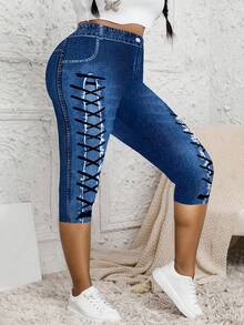 Celana Capri Ukuran Besar Efek Denim, Desain Tali Serut, Kantong Palsu, Celana Capri Modis Slim Fit dengan Elastisitas Sedang untuk Liburan Musim Panas - Navy Blue - View 5