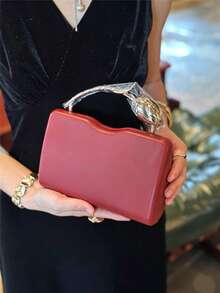 Women's Evening Clutch, Rectangular Hard Shell Handbag, 3D Gold Tulip Top Handle, Minimalist Romantic Bridal Style, Suitable For Weddings, Anniversaries, Dinner Parties - Burgundy - View 6