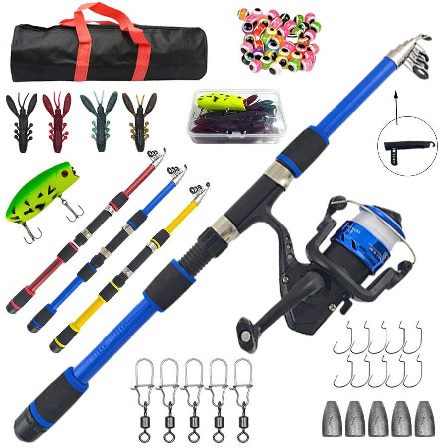 Portable Telescopic Rotating Fishing Rod And Reel Set, Includes Soft Lures, Crayfish Baits, Hard Lures, Sinkers, Swivels, Hooks And Storage Bag, Freshwater And Saltwater Universal Travel Fishing Gear Set, Suitable For Beginners - Set - View 1