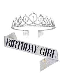 1 Set Silver Birthday Girl Rhinestone Crown Headband Set, Suitable For Birthday Party Decoration - Silver - View 9