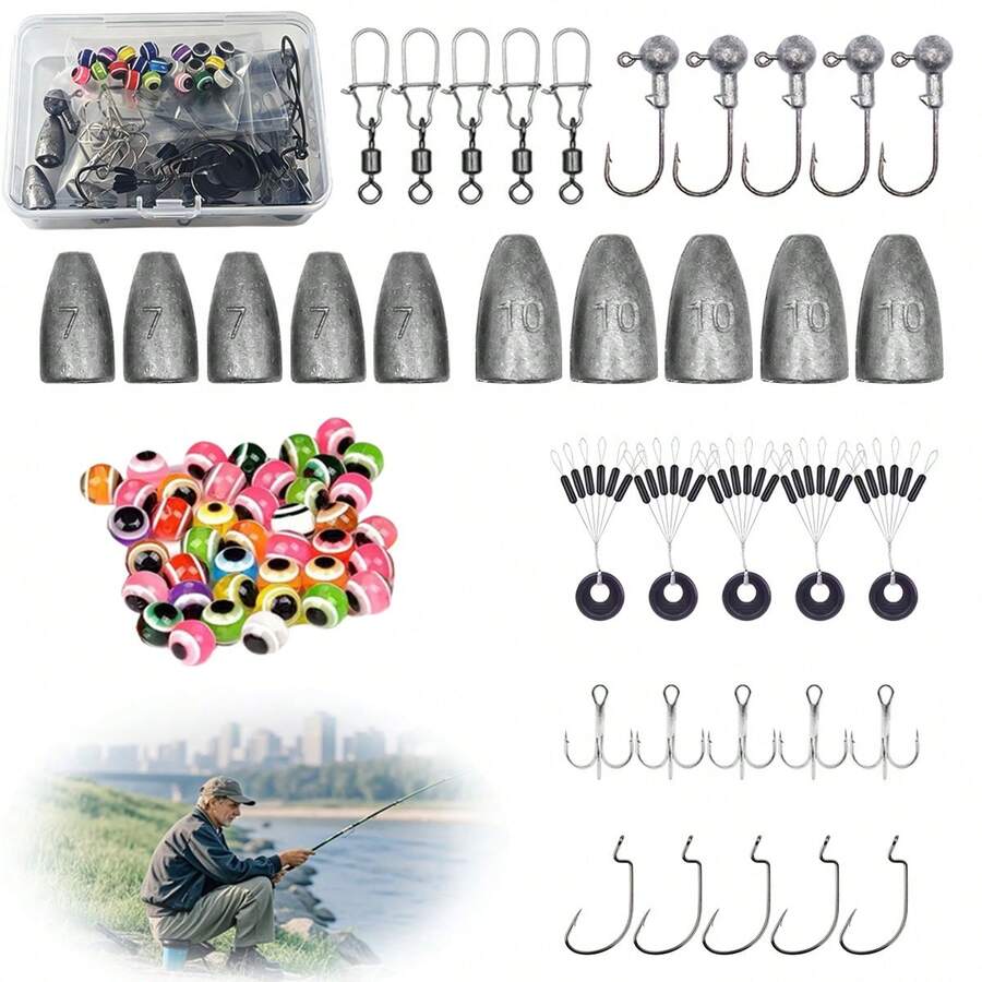 Fishing Tackle Accessories Kit With Bullet Lead Sinkers Jig Heads Swivel Snap Fish Eye Beads Rubber Stoppers Worm Hooks Offset Hooks Storage Box Freshwater Saltwater Fishing Line Connector Set For Anglers - Set - View 1