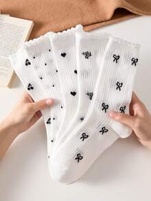 5 Pairs White Women's Mid-Calf Socks With Bow, Polka Dot, Cherry Patterns, Suitable For All Seasons - White - View 2