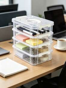 4/3/2/1 Tier Transparent Plastic Desktop Storage Box With Convenient Handle, Dust-Proof Stationery Organizer Drawer Box, Suitable For Sticky Notes, Tape, Craft Materials, Cosmetics, Pencil Box, School Supplies Storage - Multicolor - View 4