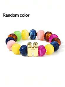 1pc Women's Rainbow Letter Beaded Bracelet, Colorful Resin Large Bead Elastic Bangle, A-Z English Letter Personalized Design, Stackable Fashion Accessory, Suitable For Daily Wear And Gifting - Multicolor - View 31
