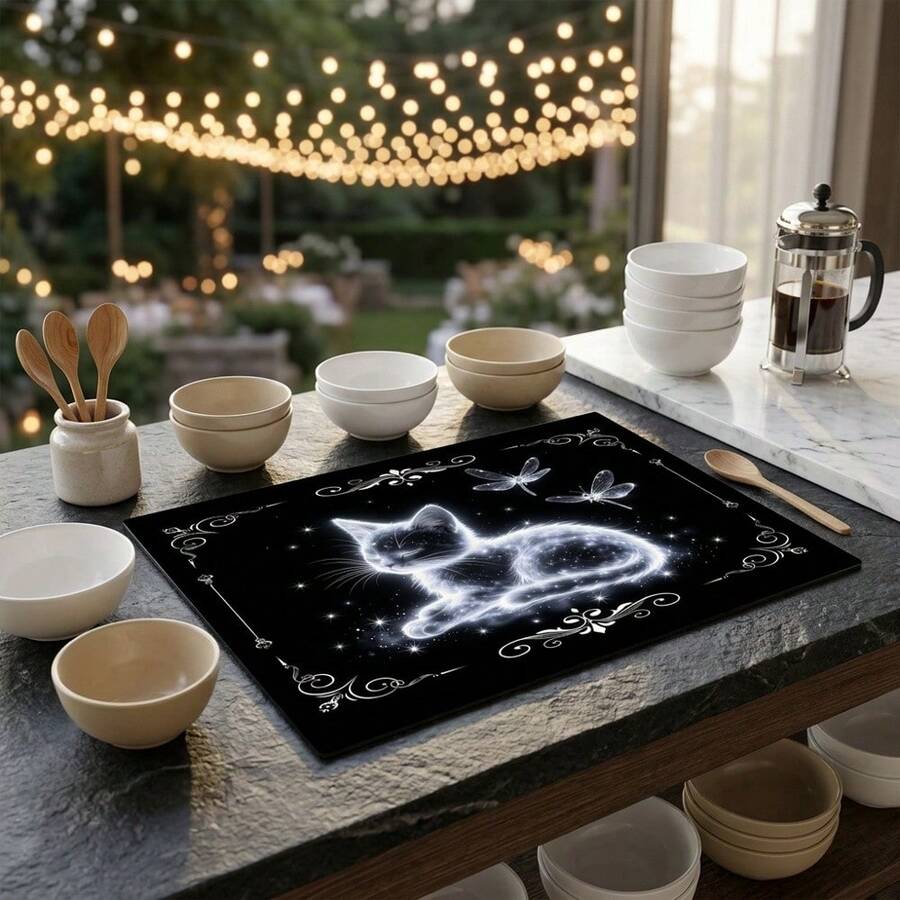 1pc Dish Drying Mat, Coffee Machine Mat, Starry Cat & Dragonfly Pattern High Absorbent Drainage Mat, Suitable For Dining Table, Kitchen, Cafe Countertop Decoration, Multi-Purpose Water-Absorbing Mat, Home Gift, Desktop Decor