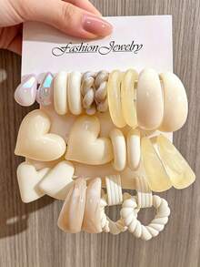 New Arrival Cream-Colored Resin Earring Set, Multi-Style Heart & Teardrop C-Shaped Earrings Combination - Multicolor - View 12