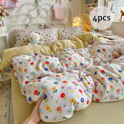 4-Piece Pastel-Style Multicolored Floral Duvet Cover Set (1 Duvet Cover, 1 Flat Sheet, 2 Pillowcases; Filling Not Included), Country-Style Macaron-Colored Bedding Set With Colorful Hearts And Floral Patterns, Suitable For Bedrooms And Guest Rooms