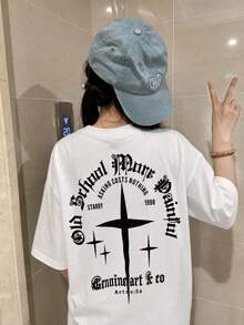 Y2K復古女款夏季新款休閒寬鬆交叉字母印花短袖T恤上衣 白色 - 白色 - 查看 2