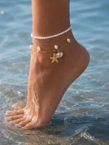 3 Peças/Conjunto Tornozeleira Estilo Boêmio de Praia com Estrela do Mar, Concha e Pérola Falsa em Aço Inoxidável, Adequado para Homens e Mulheres, Uso Diário e Férias - Multicolorido - Visão 3