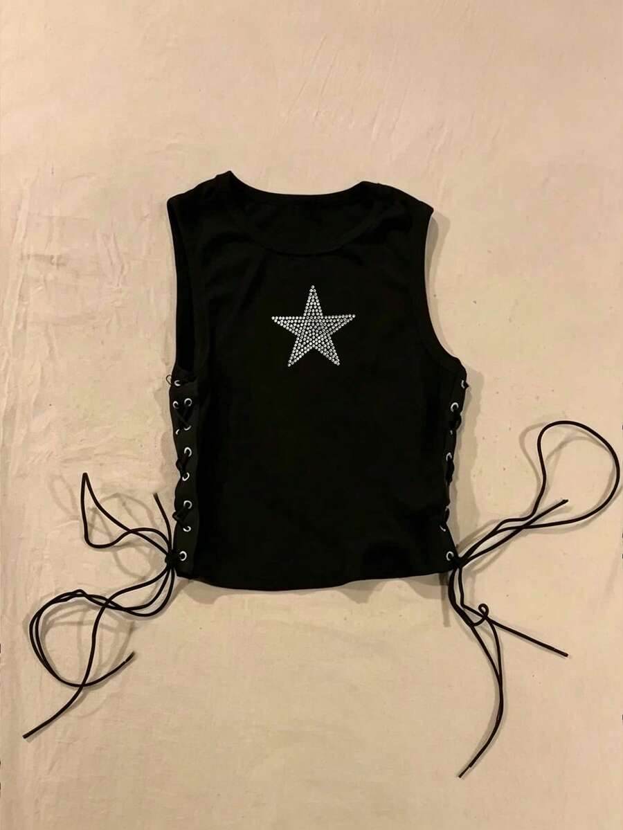 Women's Black Rhinestone Pentagram Cropped Tank Top, Y2K Subculture Side Eyelet Lace-Up Sleeveless Top - Black - View 1
