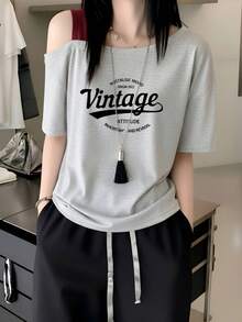 女款白色短袖T恤 夏季新款美式復古風字母印花寬鬆百搭上衣 休閒風 - 淺灰色 - 查看 2