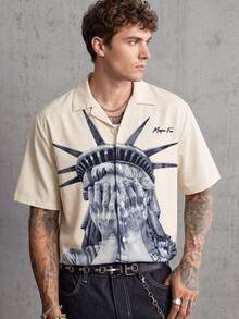 MAISONFOX Chemise à manches courtes imprimée Statue de la Liberté pour hommes, streetwear, printemps/été, chemise à manches courtes décontractée polyvalente pour le port quotidien, prête pour le streetwear - Beige - Voir 8