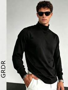 Camiseta de manga larga de cuello alto de unicolor, nueva llegada para otoño/invierno - Negro - Ver 3